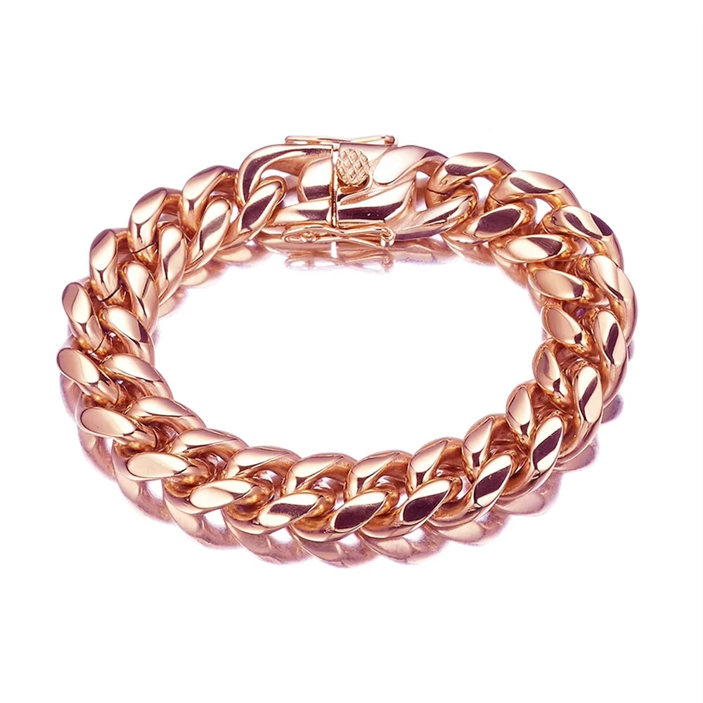 14mm Rose Gold Cuban Necklace for Men Titanium Steel Stainless Encryption Chain European American Hop Style