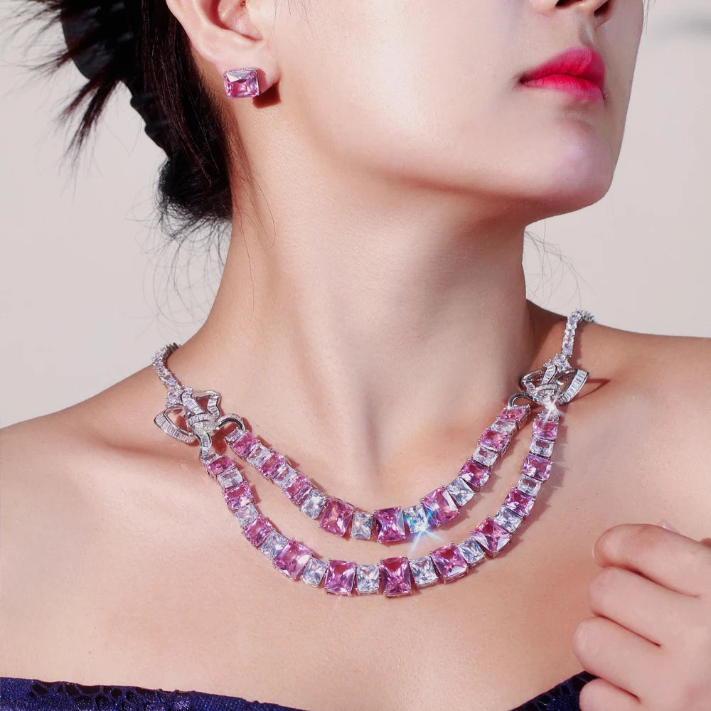 Super Shiny Luxury Design White and Pink Square Cut Cubic Zirconia Double Layer Wedding Bridal Big Jewelry Set for Women