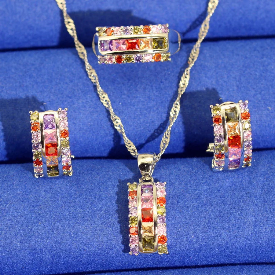 XOTICA Bridal 925 Silver Jewelry Sets Multicolor Zircon Earrings Necklace Pendant Ring for Wedding Parties Engagements Women's Gifts