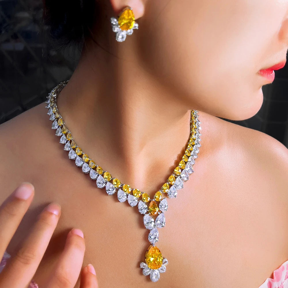 2 Layer Water Drop Zirconia Big Chunky Necklace and Earrings Yellow Party Brides Jewelry Sets for Women Luxury Wedding Decor