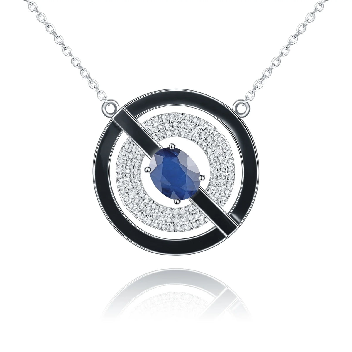 ArtistA Abiding Special Design Geometric Circle Round Disc Blue Diffusion Sapphire Topaz Red Agate Gems Forbidden Sign Charm Necklace