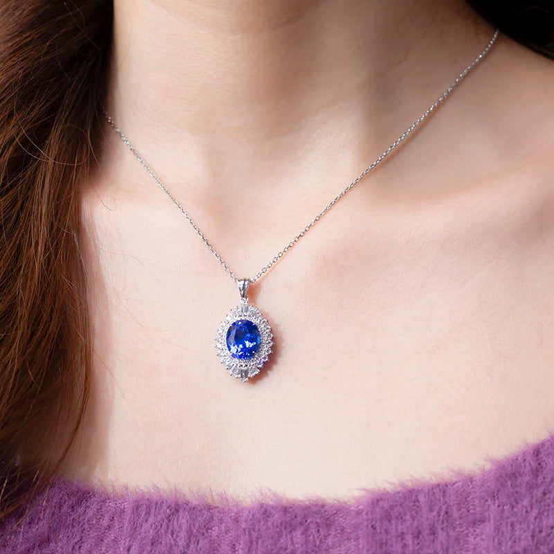 Messi JewelryMSN-655 Quality-AAA Ocean Blue Oval 5.97 Carat Spinel Diamond Necklace Pendant for Women Engagement or Dinner Party