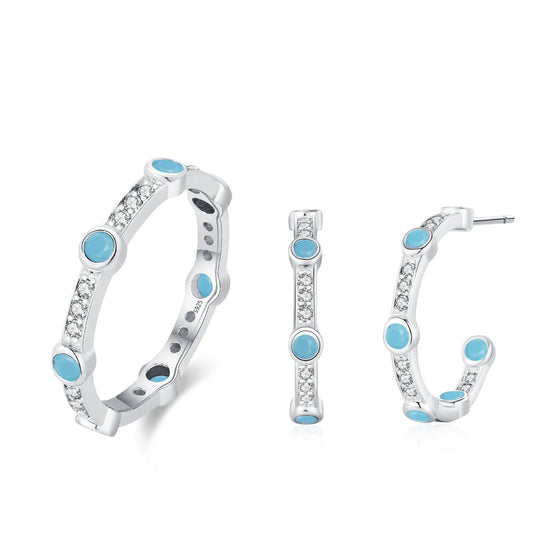 Wholesale 925 Sterling Silver Temperament Turquoise Retro Fashion Ring Earrings Jewelry Set Gift Set