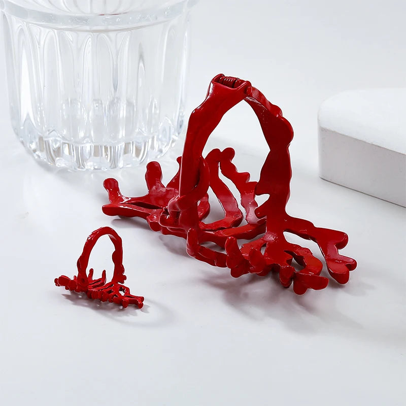 Red Coral Branch Alloy Jewelry Set, Adjustable Bangle & Ring, Bold Hip-hop Statement Pieces for Summer & Beach Parties