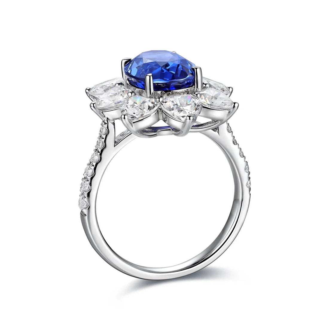 Gemfiori S925 Silver Cultivated Sapphire Ring Main Stone: 3.95CT Side Stones:5.37CT Weight: 4.95g
