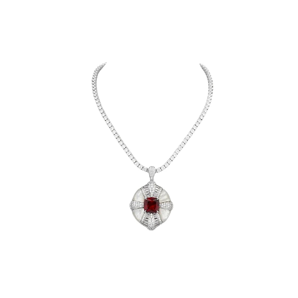 Silverelli | 925 Silver White Mother of Pearl & Ruby Pendant Necklace | White Gold Plated