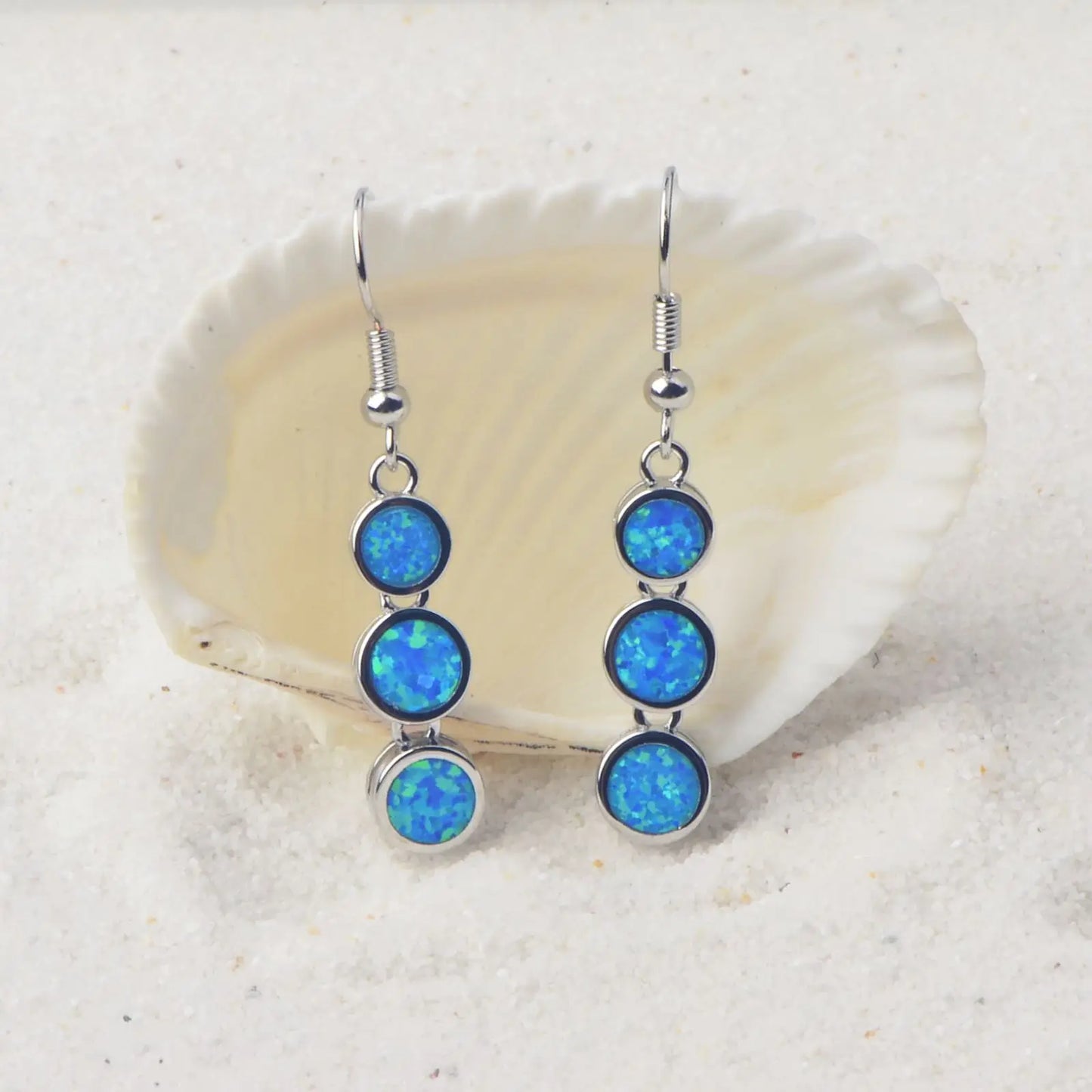 Dainty Layered Blue Opal Earrings - Handcrafted Silver Plated Long Circle Dangle Jewelry Bulk