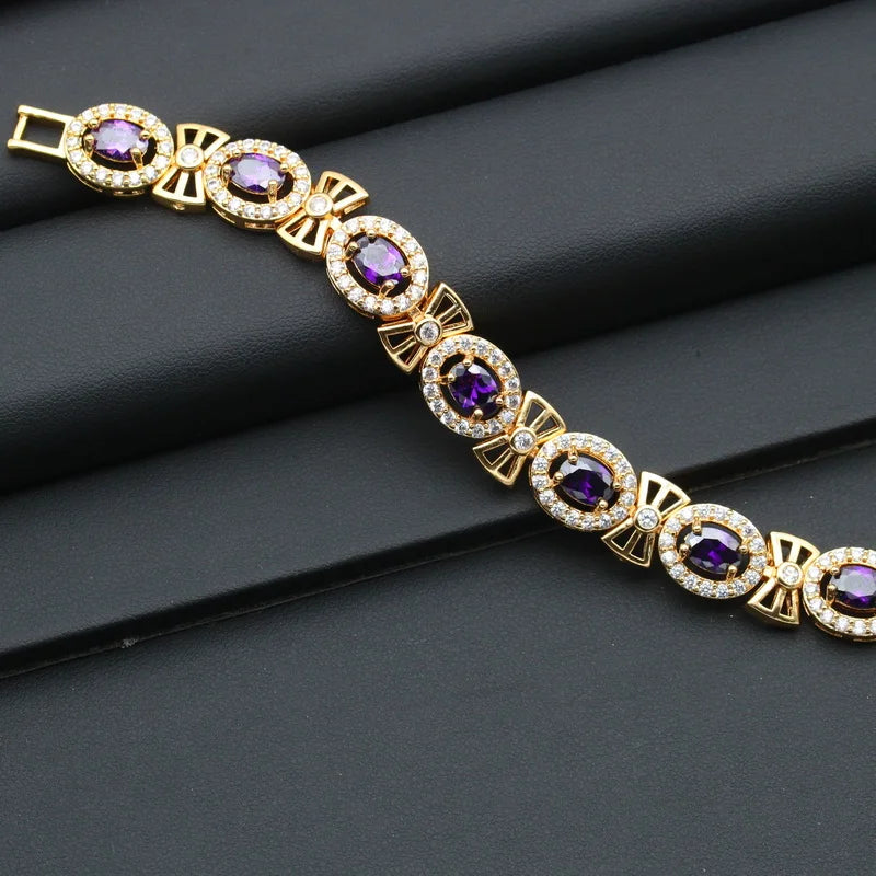 Luxurious Purple Zirconia Gold Color Bridal Jewelry Sets for Women Wedding Earrings Pendant Ring Bracelet Chain Christmas Party