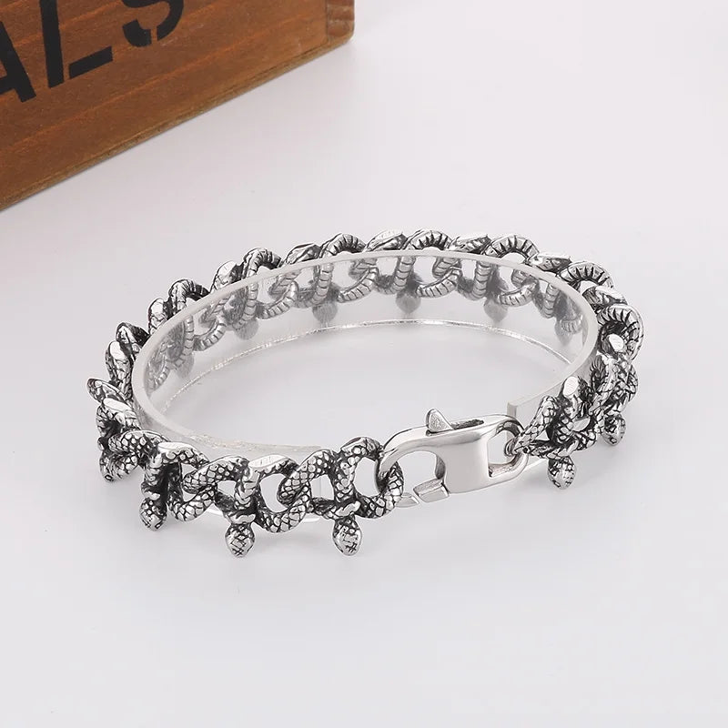 REBEL 210mm Men Punk Stainless Steel Vivid Tangled Snakes Links Bracelet