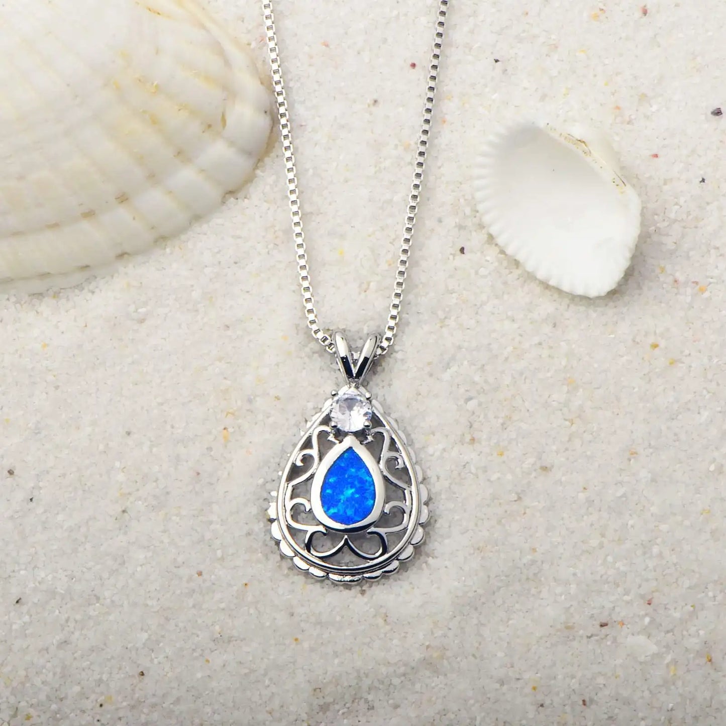 Aobao Women's Geometric Copper Alloy Silver Plated Christian Opal Blue Water Drop Necklace Chains Jewelry Gift Inlaid Opal
