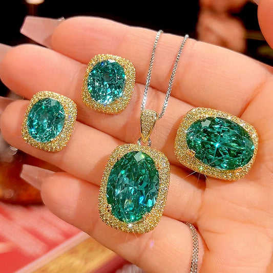 Gemfiori Luxury Vintage Gothic Royal Blue Sapphire Jewelry Set Black Gold Plated Cushion Cut Blue Gem Halo Pendant Necklace Earrings Ring