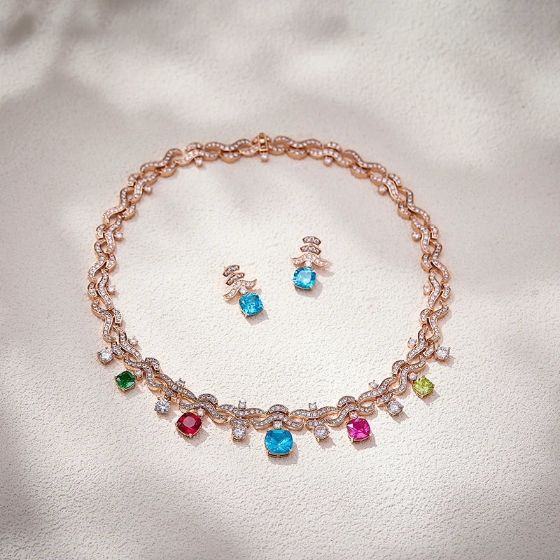 Colorful Zircon Brass Evening Gown Necklace Earring Set High-end Luxury  Dubai Fashionable Women's Jewelry