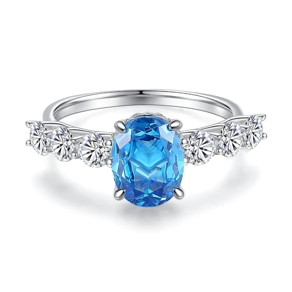 Waterproof Women 925 Sterling Silver Aquamarine 5A 8A Cubic Zirconia Ring Wedding Anniversary Rings Custom Jewelry Supplies
