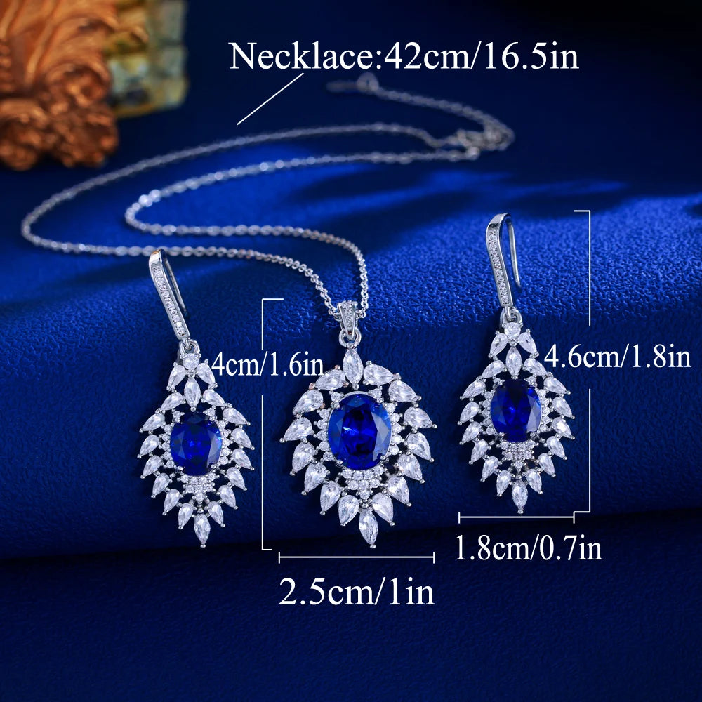 Fashion Royal Blue Cubic Zircon Elegant Necklace and Earrings Bridal Wedding Party Pendant Jewelry Set for Women Jewellery