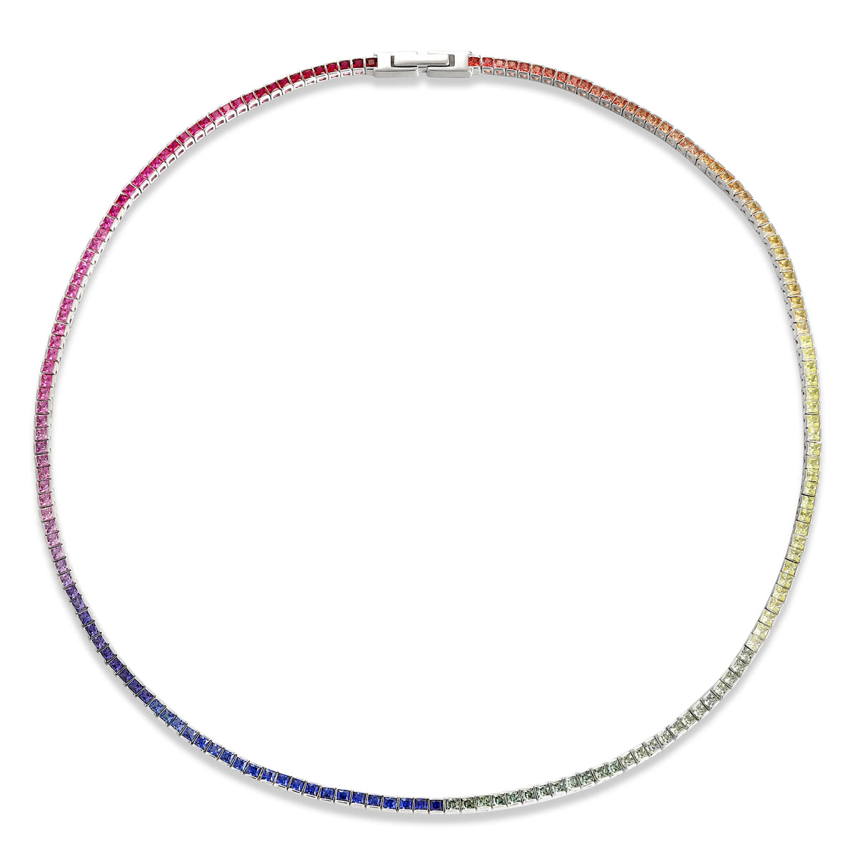 Gemfiori Custom S925 Sliver Rainbow Color Lab Grown Sapphire Tennis Necklace 2*2mm Princess Cut Gradient Rainbow Gemston Fashion Design