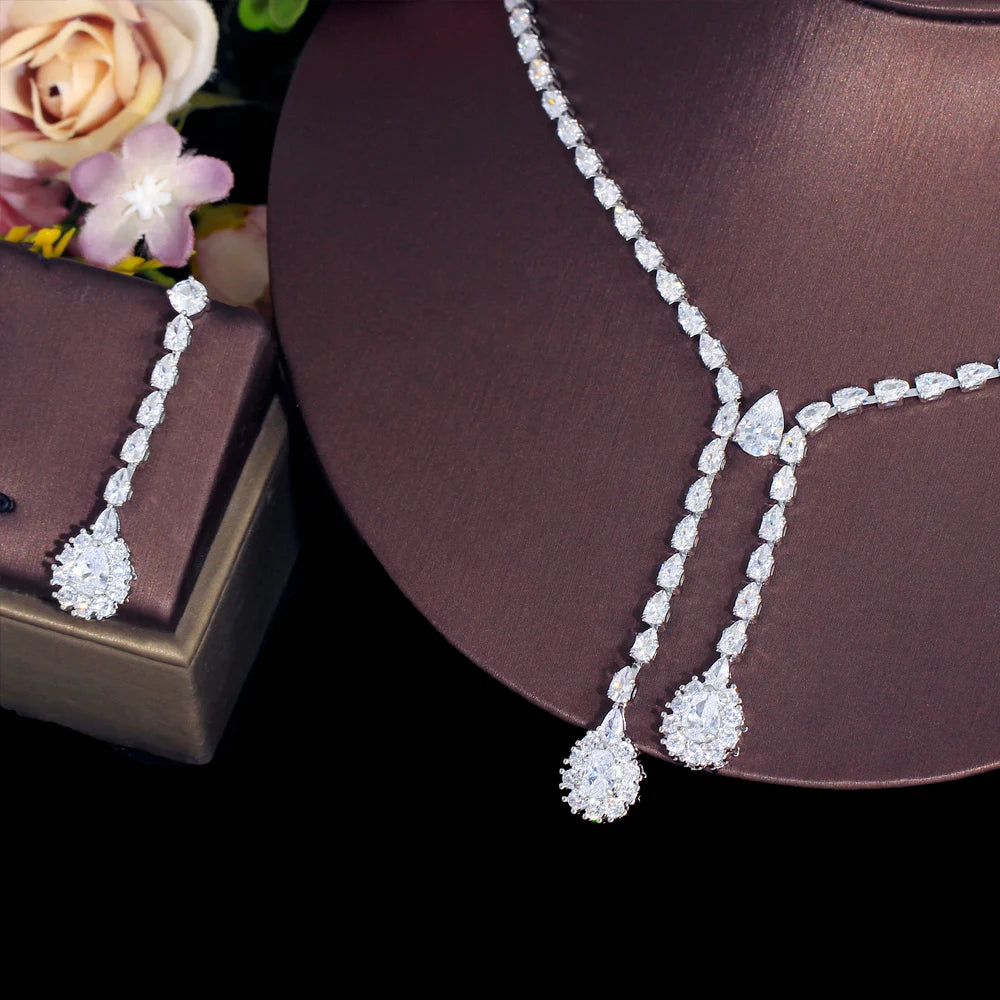 Luxury Bling Cubic Zirconia Crystal Bridal Bridesmaid Jewelry Set for Wedding Drop Earrings and Necklace Jewelry Accessories