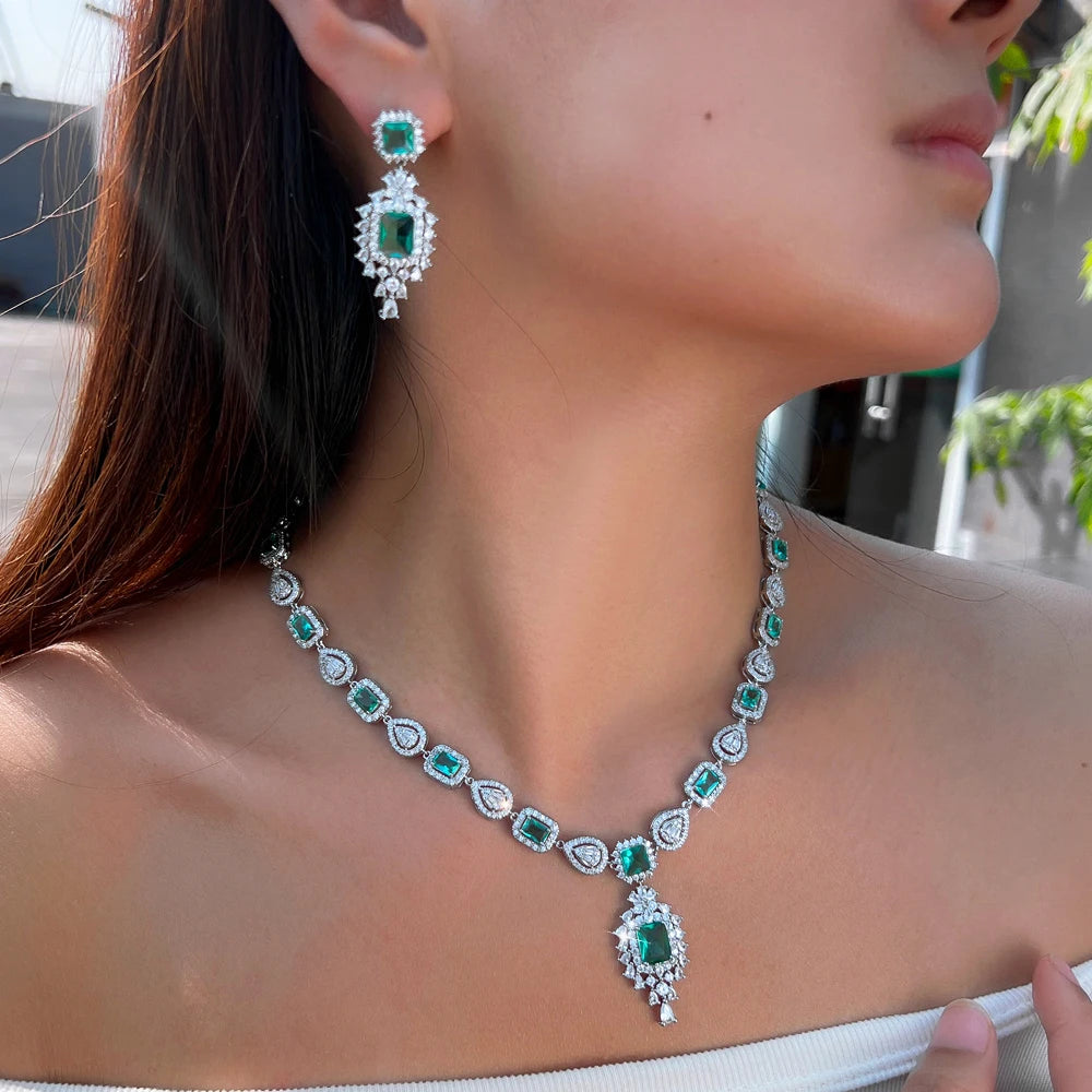 Silver Plated Light Green Square Cubic Zirconia Jewelry Set Accessories Prom Wedding Bridal Long CZ Earrings Necklace for Women