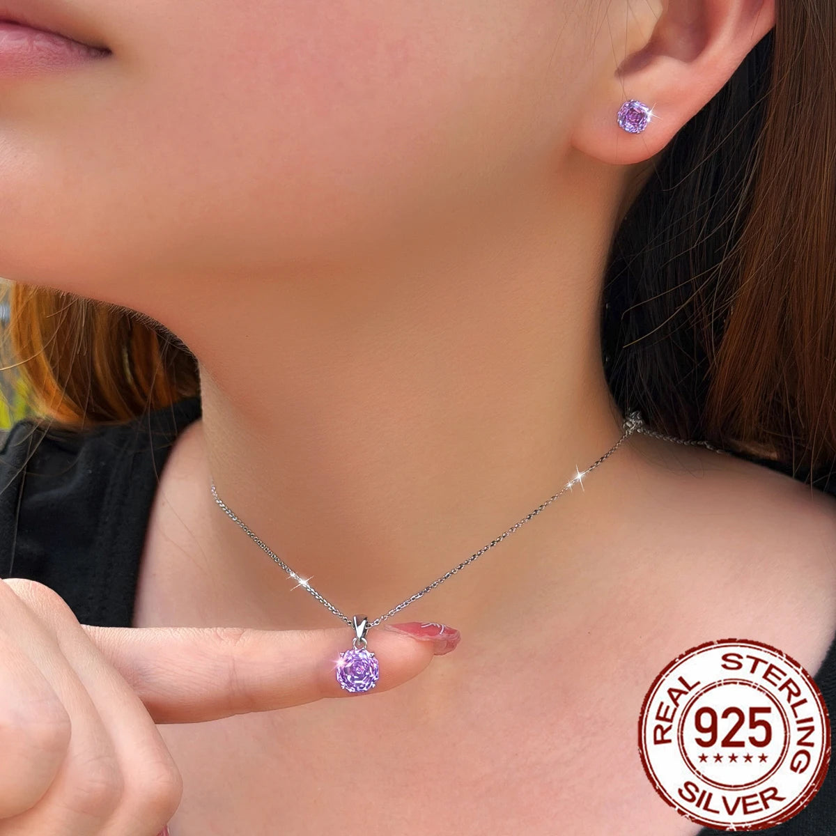 S&S 925 Sterling Silver Purple Rose-Cut CZ Jewellery Set – Necklace & Earrings – Collection