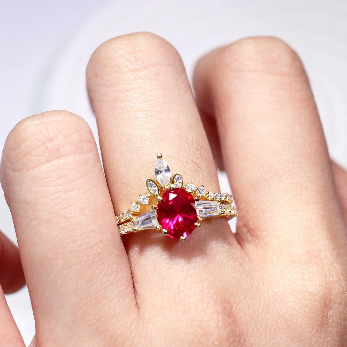 ArtistA Abiding Perfect Match 18K Gold Plated 925 Silver Lab Made Created Ruby Gemstone Rings Set Women Bridal Set