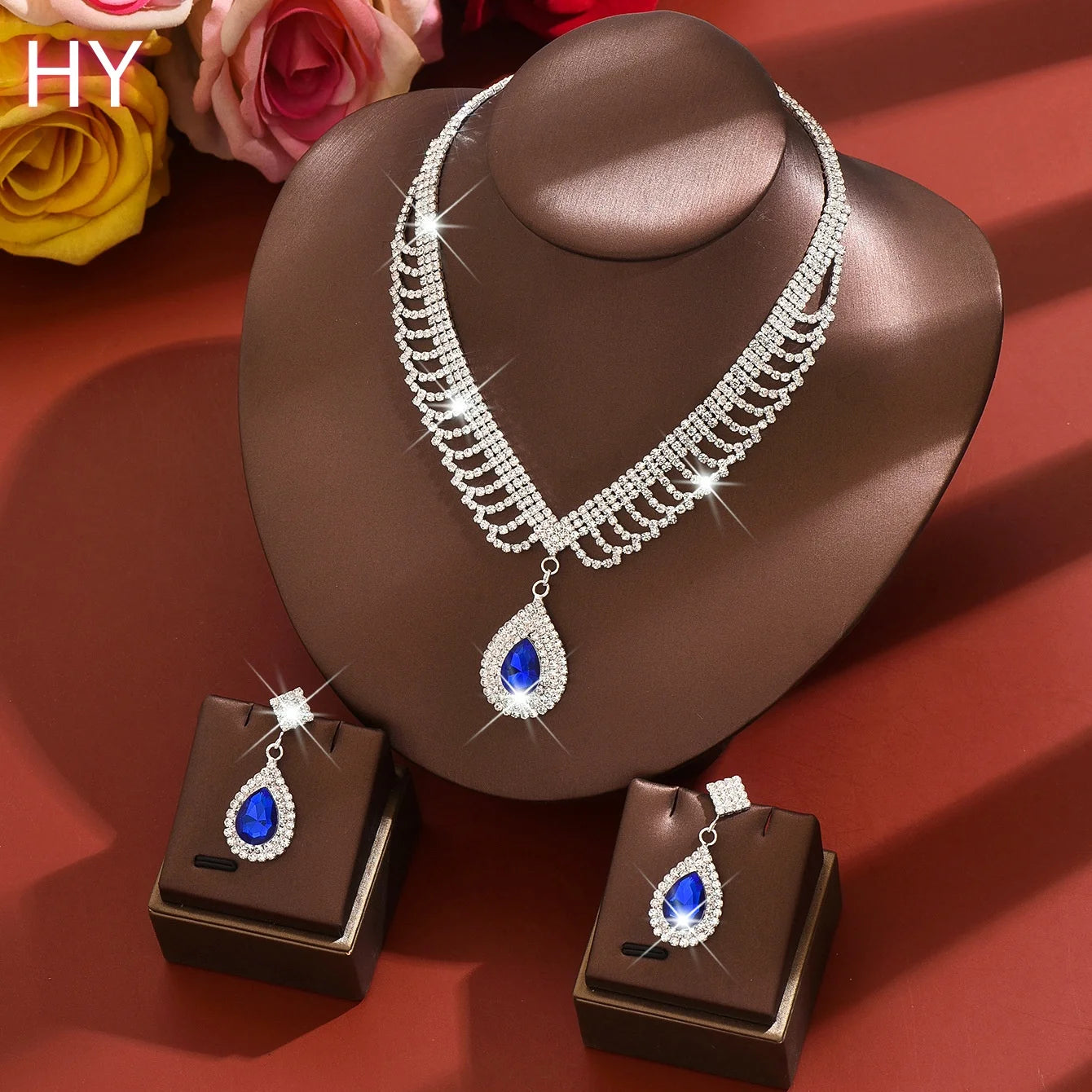 HY   Wedding Jewelry Sets Shiny Rhinestone Tassel Earrings V-shaped Waterdrop Pendant Necklaces for Women Set
