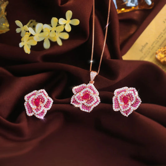 Luxury Rose Gold Plated Pink Sapphire Color Rose Flower Pendant Jewelry Set 5A Cubic Zircon Earrings Necklace for Bridal Wedding
