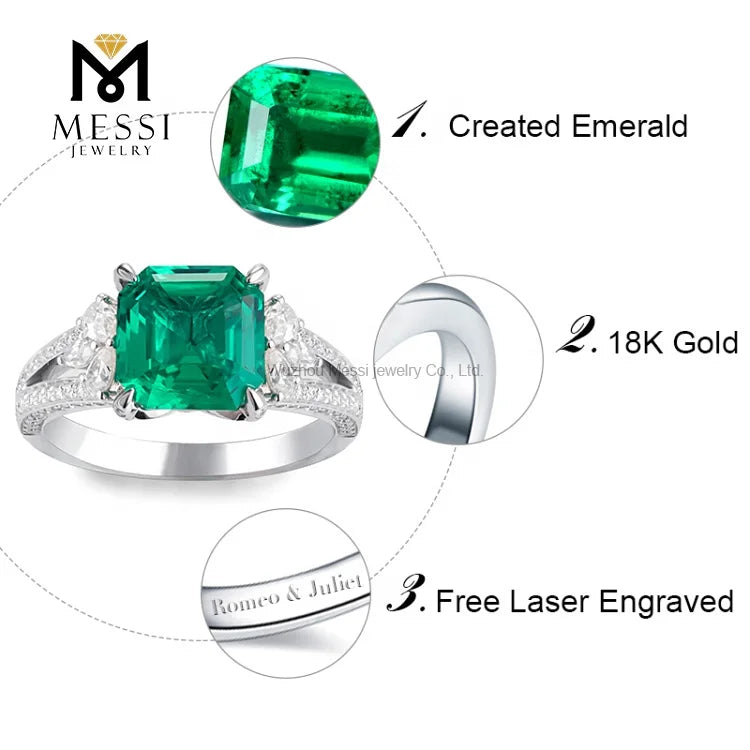 Gemfiori MS-230 Messi Jewelry Price 18k White Gold 3 Carat Asscher Cut Lab Created Emerald Engagement Ring