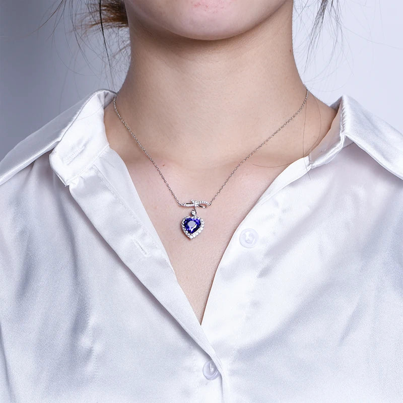 Luxury Design Pendant 10*10mm 4ct Heart Shape Blue Sapphire Gemstone 925 Sterling Silver Gift Necklace Set for Women