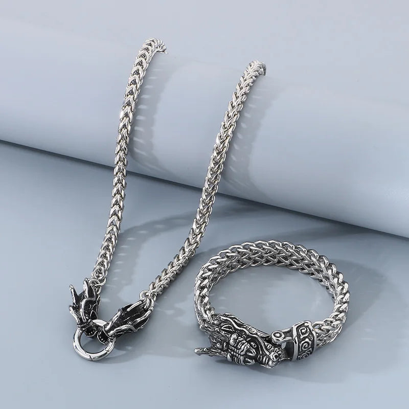 REBEL Punk Fashion Stainless Steel Bracelet Dragon Head Chain Men Bracelet Necklace