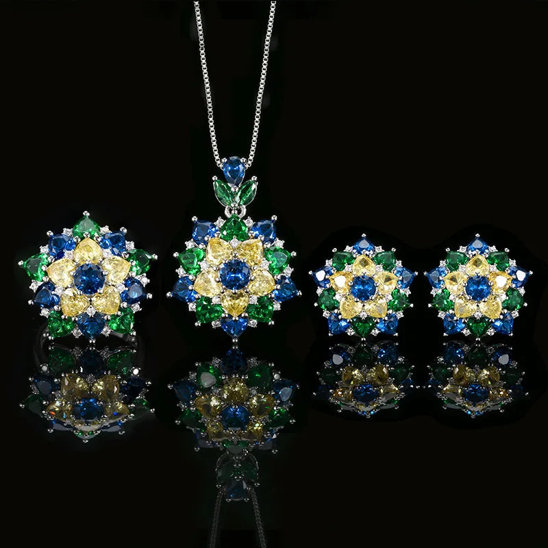 Gemfiori European and American Minimalist Zircon Earrings Necklace Ring Set Fashionable and Colorful Flower Design Jewelry