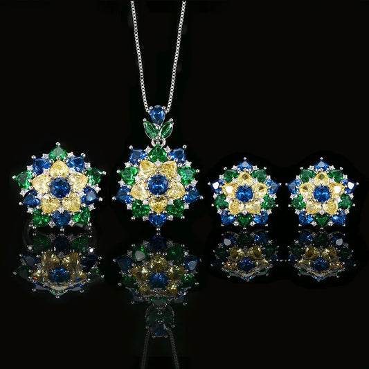 Gemfiori European and American Minimalist Zircon Earrings Necklace Ring Set Fashionable and Colorful Flower Design Jewelry