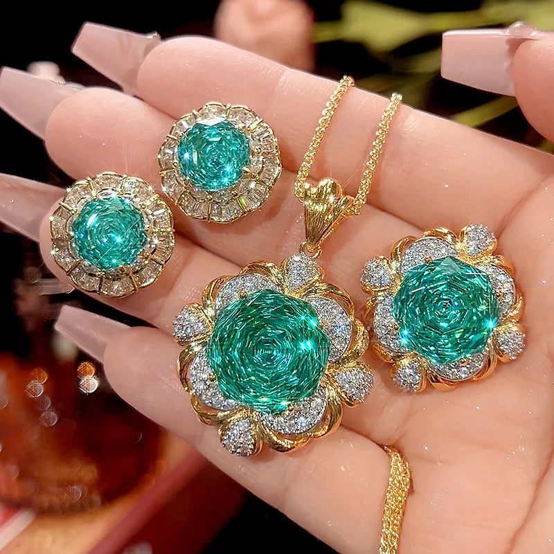 Gemfiori 2025 New Jewelry Brass Gold Plated Simulation Pala Green Retro Light Luxury Set Wedding Bridal Engagement Jewelry