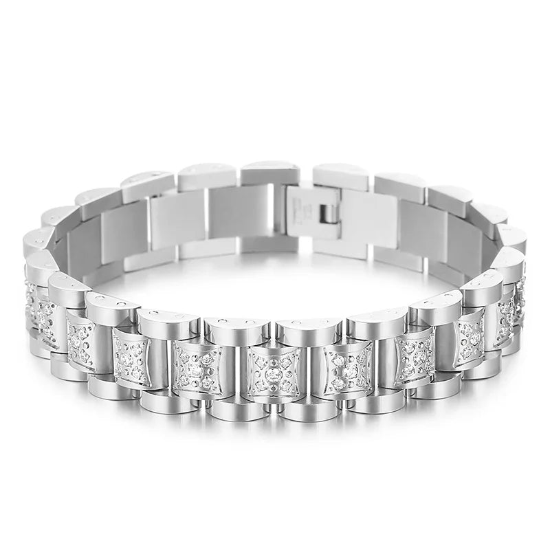 KALEN Men Vintage 210mm Gold/Silver Plated Stainless Steel Rhinestones Watchband Link Bracelets