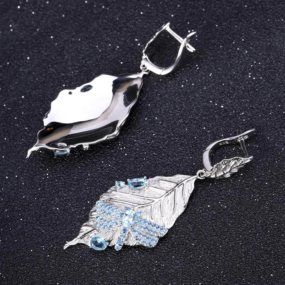 ArtistA Abiding Custom Designer Style 925 Silver Leaf Shaped Swiss Blue Topaz Dragonfly Necklace Earring Ring Jewelry Set for Women