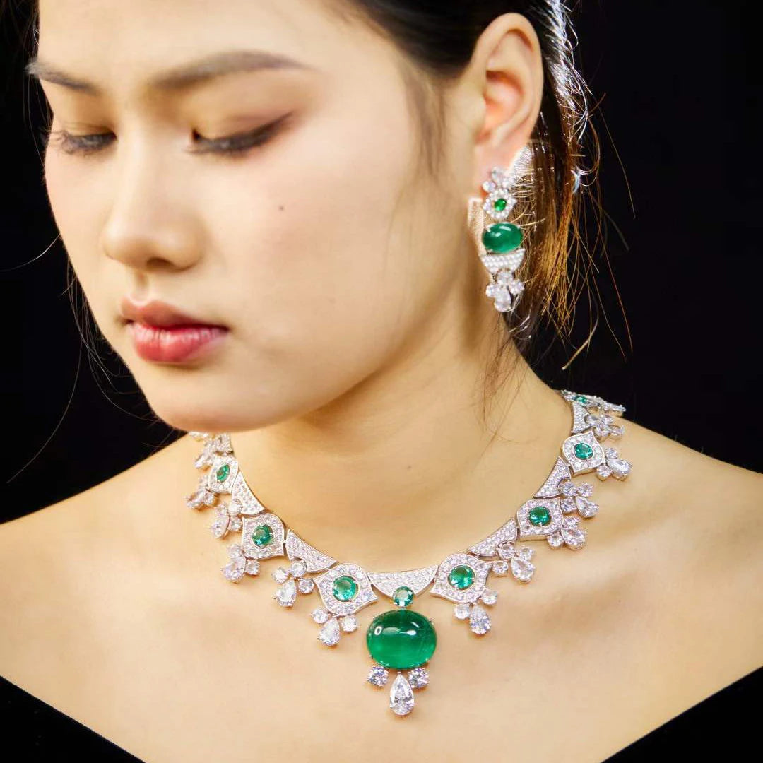 Emerald Green Cubic Zirconia Geometric Necklace & Earrings Jewellery Set