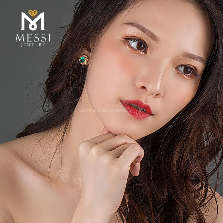 Gemfiori MS-199 Messi Jewelry Oval 14k 18k Gold 2 Carat Lab Created Emerald Earrings Jewellery for Women