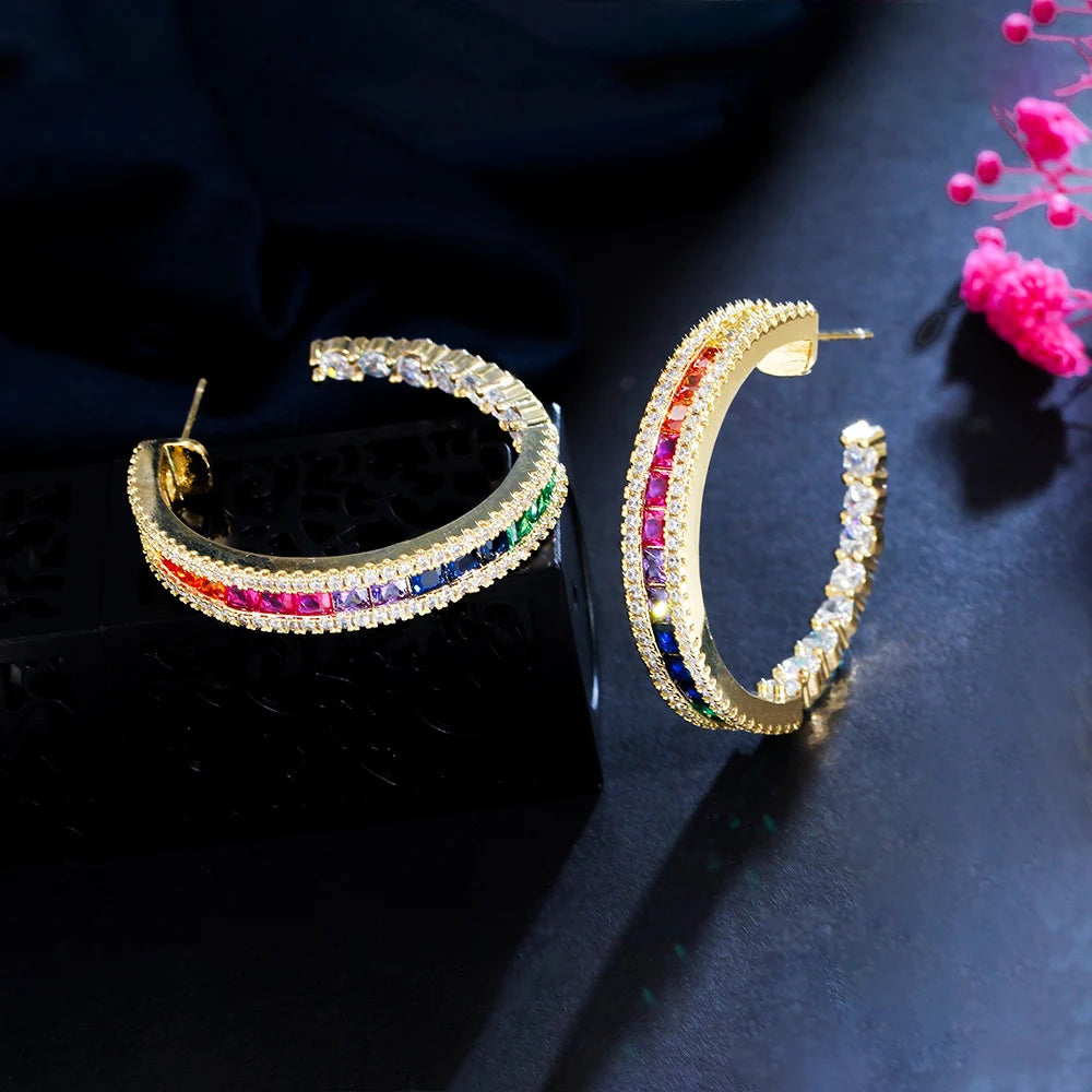 S&S Rainbow CZ Round Hoop Earrings – Princess Cut – 18K Gold Plated – Collection