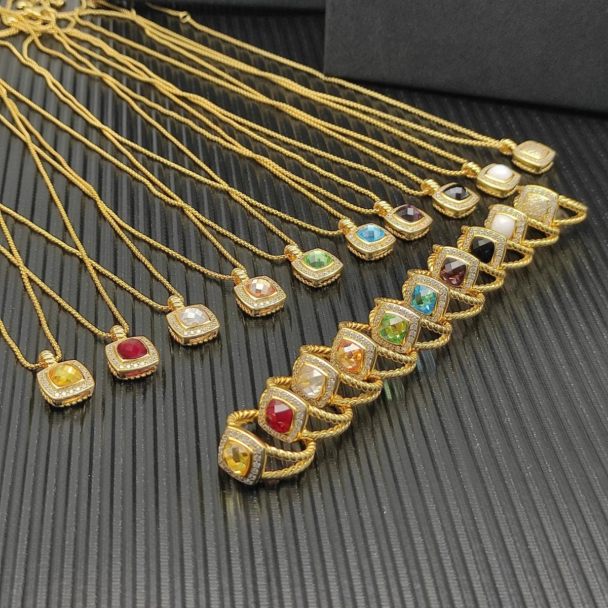 Gemfiori FASHIONISTA DY High-Quality Silver-Plated 7mm Square Diamond Necklace. Gold-Plated 7mm Colored Gemstone Necklace. Jewelry.
