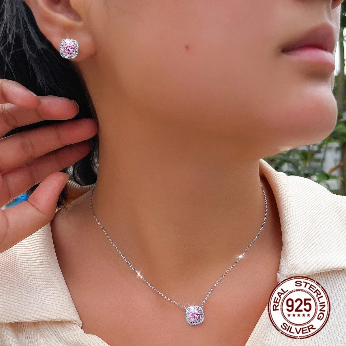 2 Tones Plated Pendant Necklace and Earrings S925 Sterling Silver Jewelry Pink Color Cubic Zircon Jewelry Set for Mothers Day