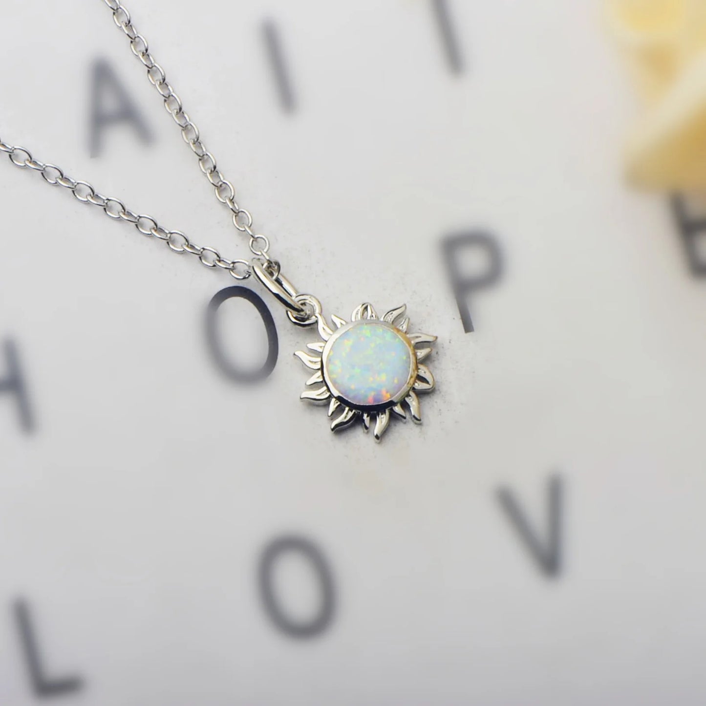 Hawaii Beach The Sun Women's Lab Created Opal Silver Plated Copper Alloy Box Chain Necklace for Anniversary