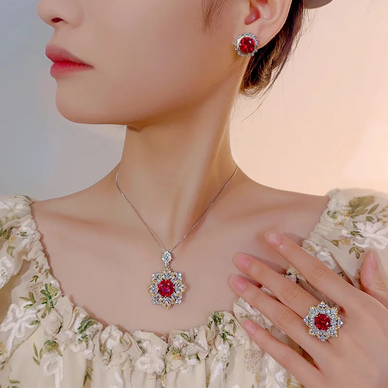 Gemfiori 2025 New Fashion Jewelry Shining Chinese Red Zircon Pendant Earrings and Rings Light Luxury Set Holiday Gift