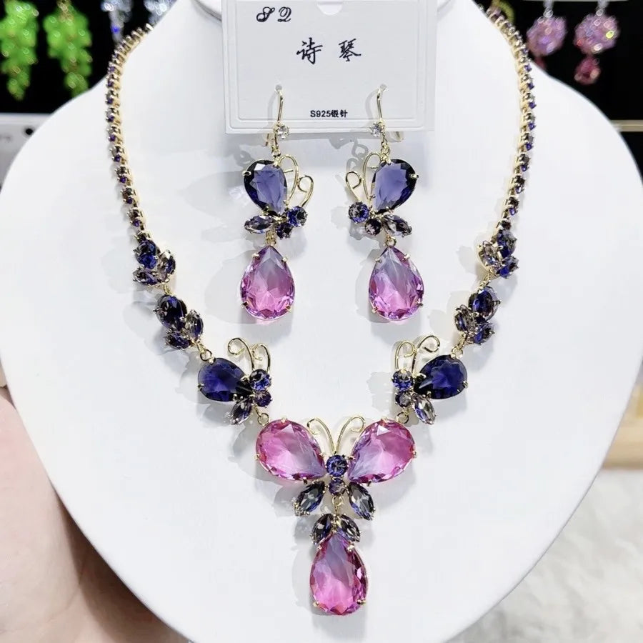 K074 Top Quality Women Trendy Luxury Butterfly Pink Purple Zircon Bridal Necklace Earrings Set Wedding Elegant Jewelry Set