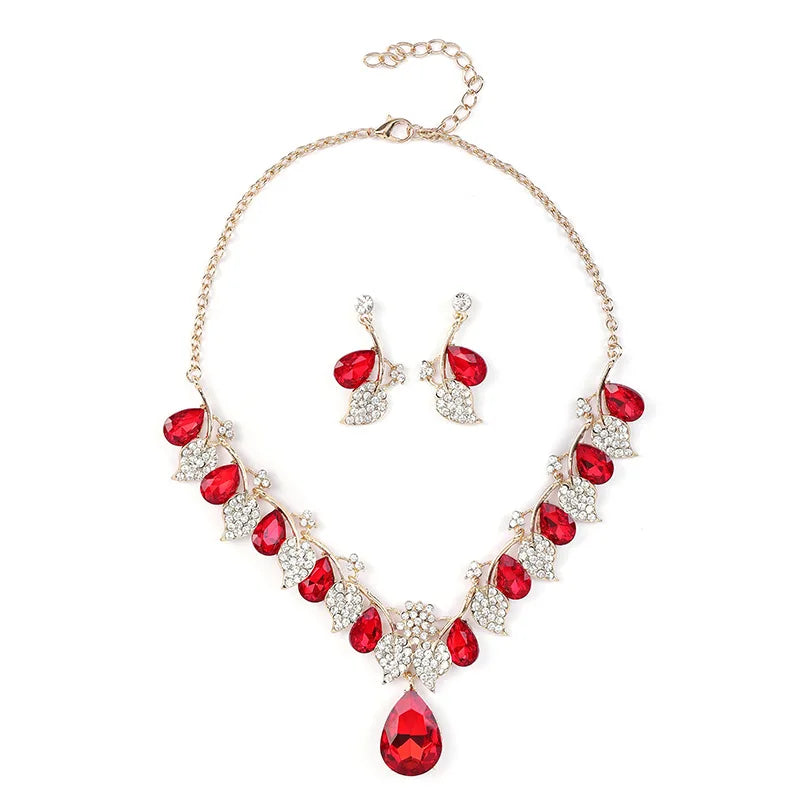 Leaf & Crystal Geometric Necklace & Earrings Jewellery Set | Retro Vintage Fashion Set