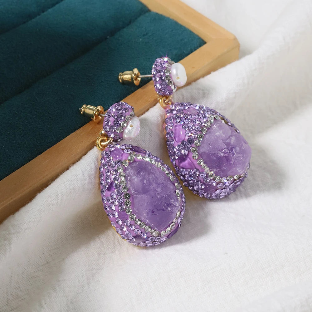GLSEEVO Natural Amethyst Zircon Inlaid Pendant Earrings Korean Style Women Luxury Jewelry Fashion Ladies and Girls Gift GE1577