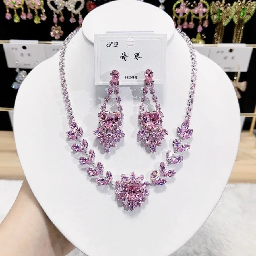 K085 High End Women Exquisite Luxurious Pink Heart Zircon Bridal Necklace Earrings Set Wedding Elegant Jewelry Set