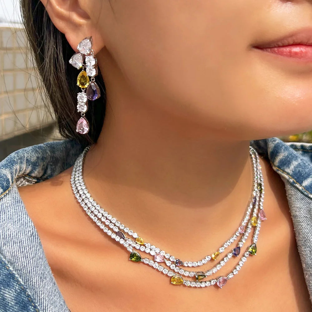 Fashion Rhodium Plated 3 Layer Multicolor Cubic Zirconia Water Drop Women's Party Earrings and Necklace Jewelry Set for Bridal