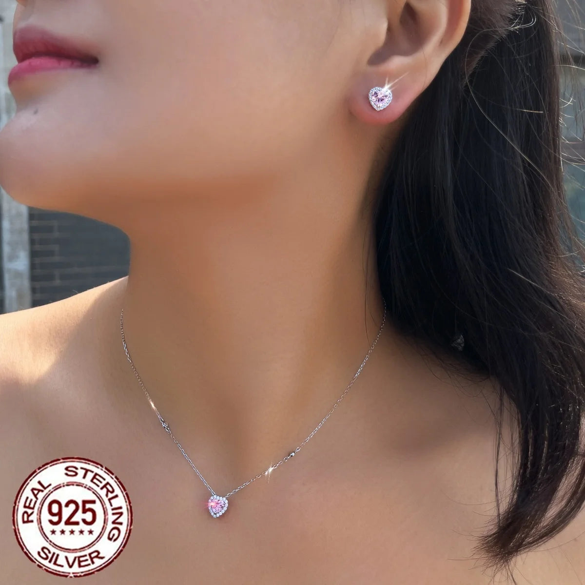 925 Sterling Silver Rhodium Plated CZ Pendant Necklace & Earrings Set with Pink Heart Cut for Women-Wedding Engagement Gift