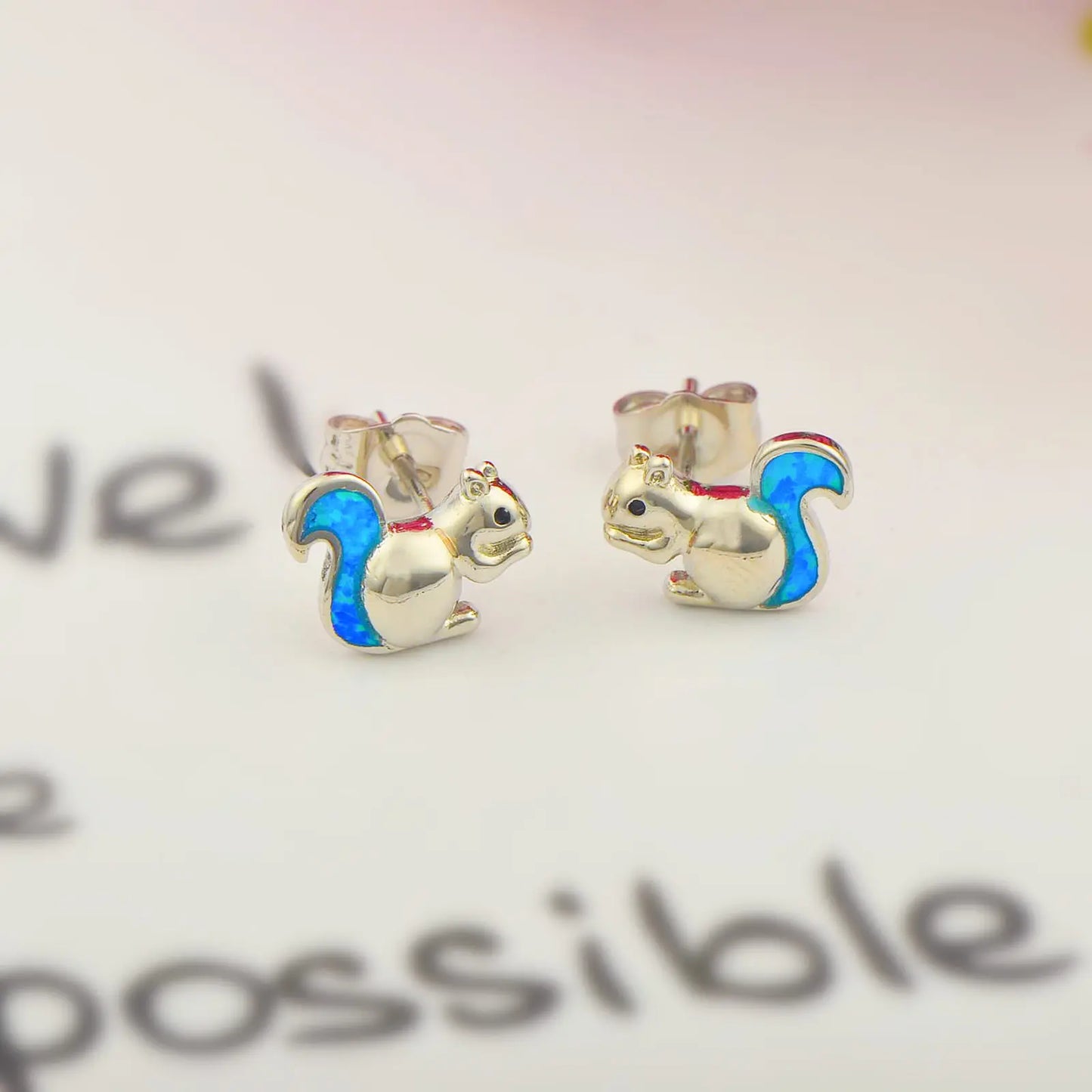 Squirrel  Earrings- Multi-Color Opal Tail Silver Plated Cute Business Jewelry for Women Wholesale