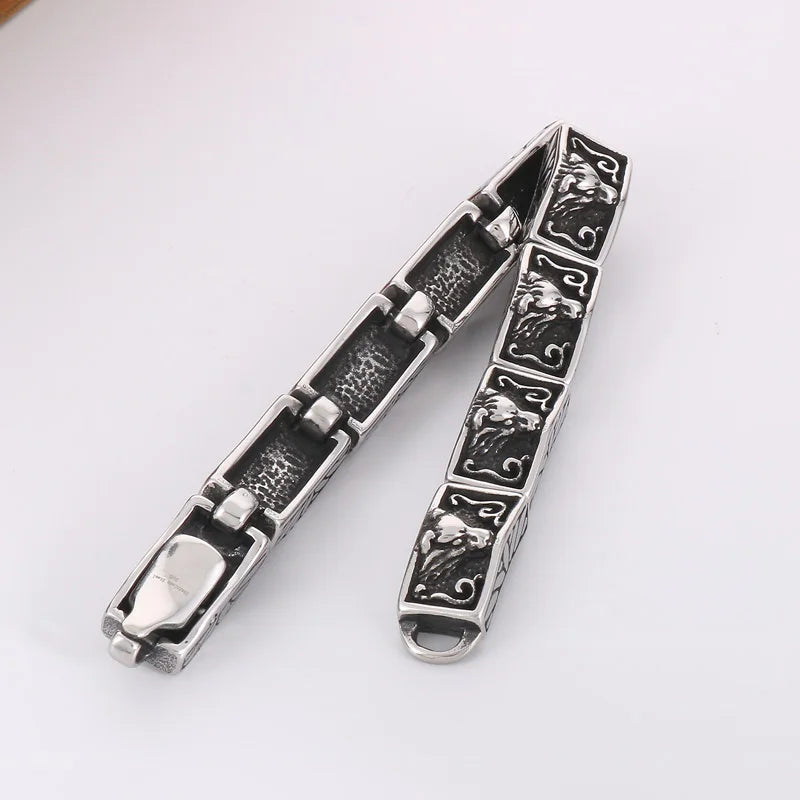 KALEN 215mm Men Punk Stainless Steel Rectangular Links Bracelet With Wolf Head Patterns