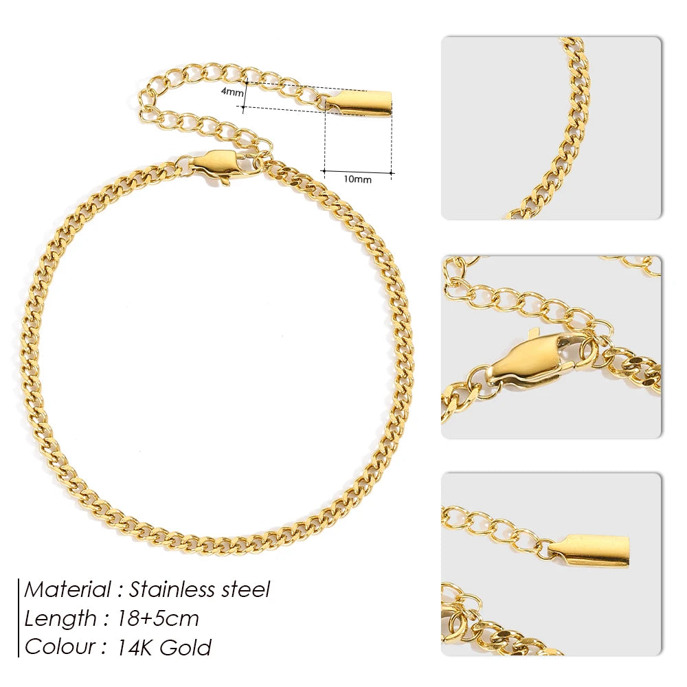eManco 3MM Cuban Chain Anklet Stainless Steel Silver 14K Gold Plated Unisex Engagement Jewelry Classic Lobster Buckle Fashion