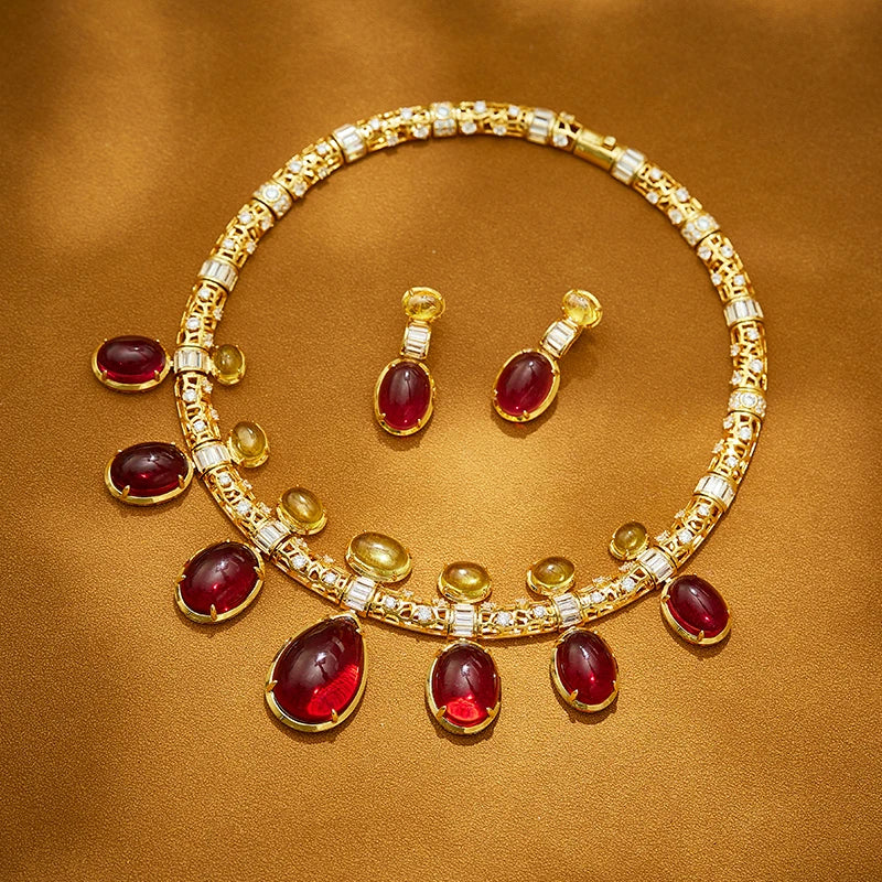 Retro Exaggerated Red Bead Hollow Necklace Earring Set Made of Brass Material Skin Friendly Women's Dress Accessories